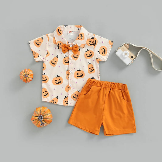 3-Piece Halloween Outfits! Boy’s Short Sleeve Ghost, Pumpkin, Onesie, Shorts & Bow-Tie Sets