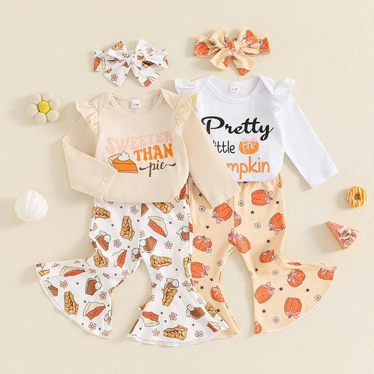 Girl's "Pretty Little Pumpkin" or "Sweeter than Pie" Onesie, Pants & Bow Headband Sets