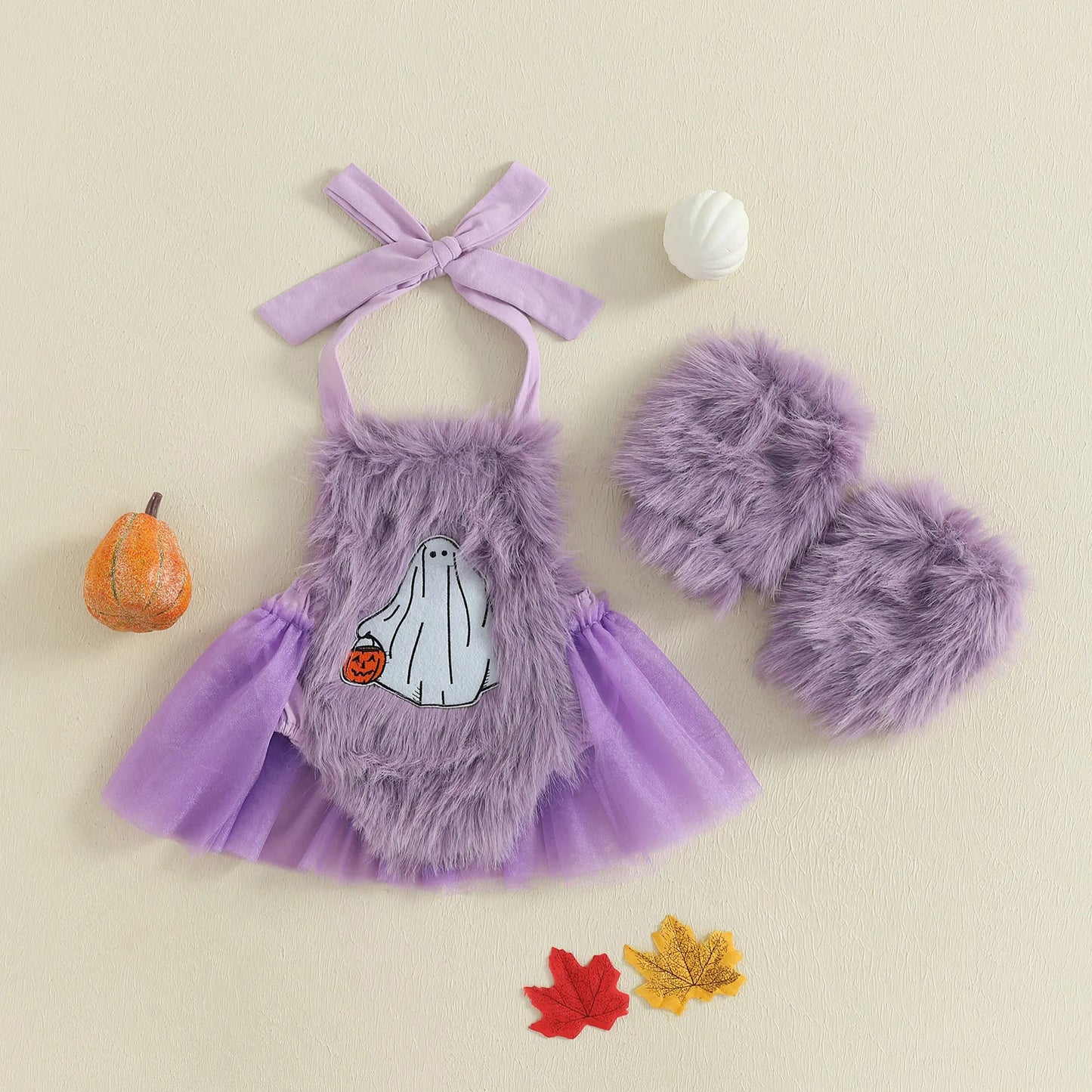 2-Piece Baby Girl's Furry Ghost Embroidered Halloween Halter Dresses with Leg Warmers