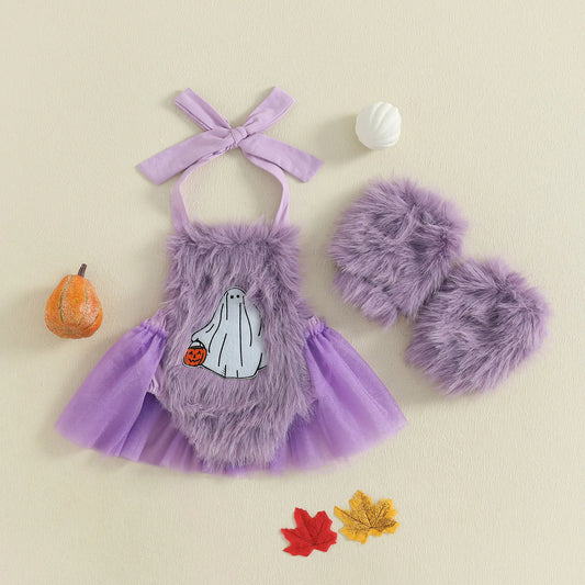 2-Piece Baby Girl's Furry Ghost Embroidered Halloween Halter Dresses with Leg Warmers