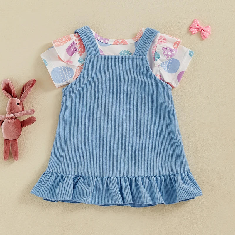 Girl's 2-Piece Easter Egg Onesie & Bunny Corduroy Suspender Dress Outfit Sets