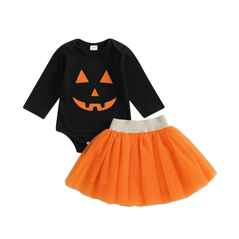 2-Piece Halloween Outfits! Girl’s Long Sleeve Rompers & Skirt Sets