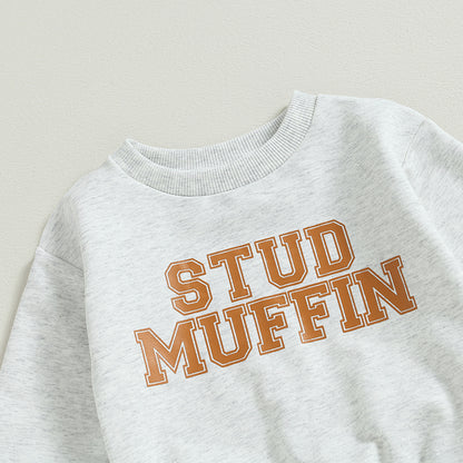 2-Piece Fall / Winter Outfits! Boy's "Stud Muffin" Letter Print Sweatshirt & Pants Sets