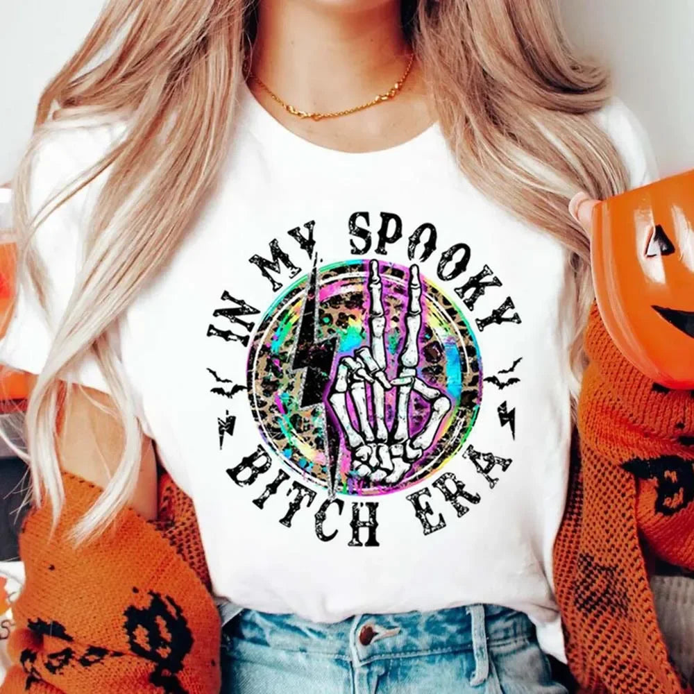 Halloween Tees! Womens Spooky B Era Graphic Print Skeleton T-Shirts