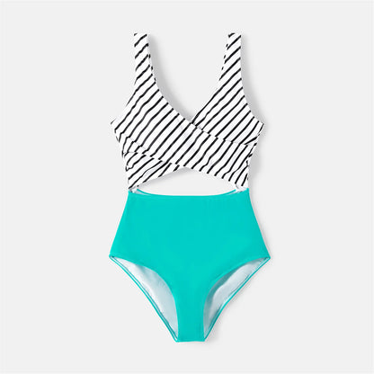 Family Matching! Striped Spliced Cut Out One-piece Swimsuit & Color Block Swim Trunks