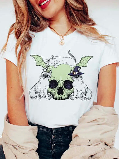 Halloween Tees! Womens Mystic Cat Graphic Print T-Shirts