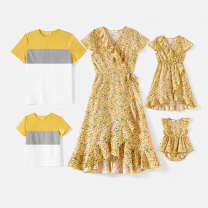 Family Matching! Floral Short-Sleeve Ruffled Dresses & Colorblock T-shirts