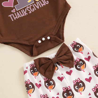 3-Piece Thanksgiving Outfits! Girl’s Long Sleeve Turkey Rompers, Pants& Bow Headband Sets