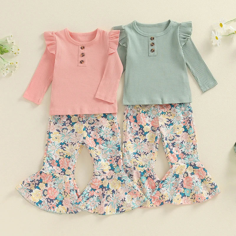 2-Piece Fall Outfits! Girl’s Floral Long Sleeve Top & Pants Sets