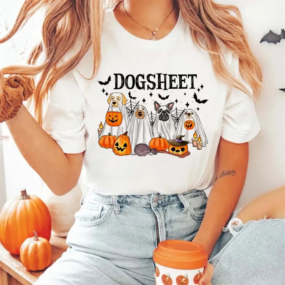 Halloween Tees! Womens Retro Dog Sheet Graphic Print T-Shirts