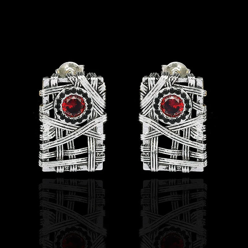 Earrings Vintage Silver Red Zircon Earrings