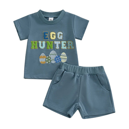 Boy's Easter Shorts Embroidered Eggs T-shirt & Shorts