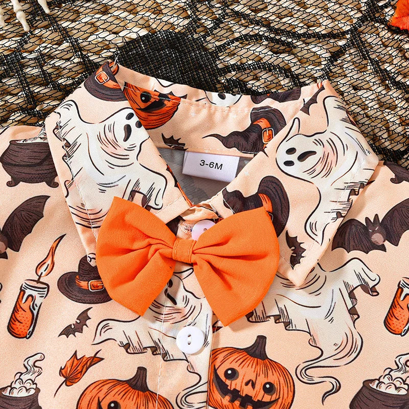 Ghost Pumpkin Halloween Onesies! Boy's Short Sleeve Button-Up with Bow-Tie Collar