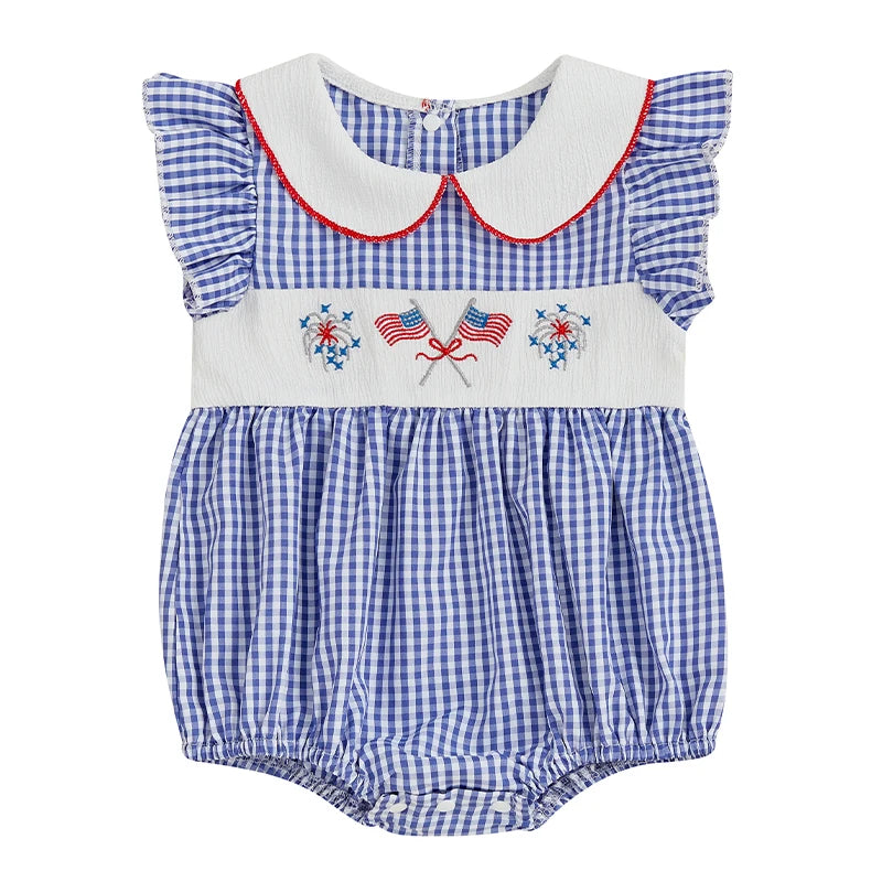 Girl's Embroidered 4th of July Plaid Doll Collar Rompers