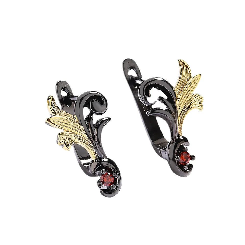 Black & Gold Style Red Zircon Leaf Earrings