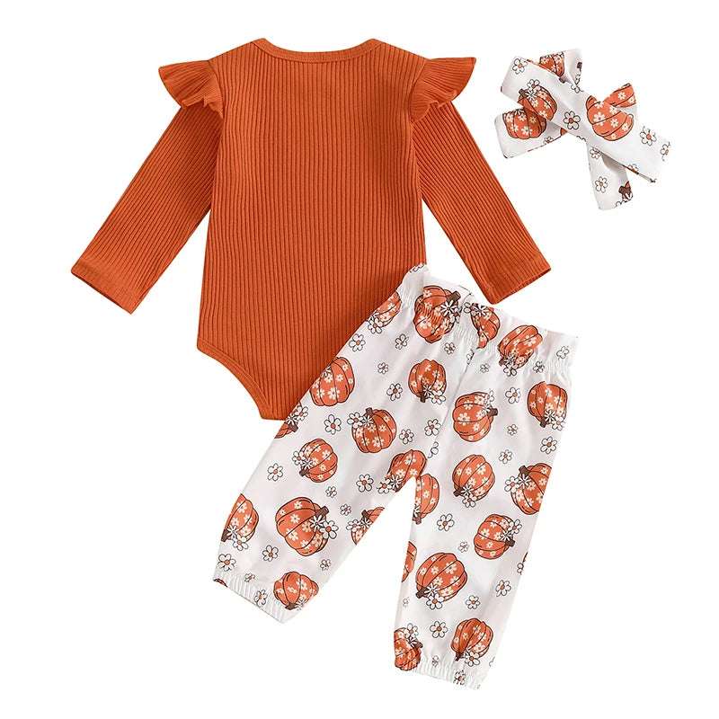 Girl's Floral Pumpkin Onesies, Pants & Bow Headband Sets