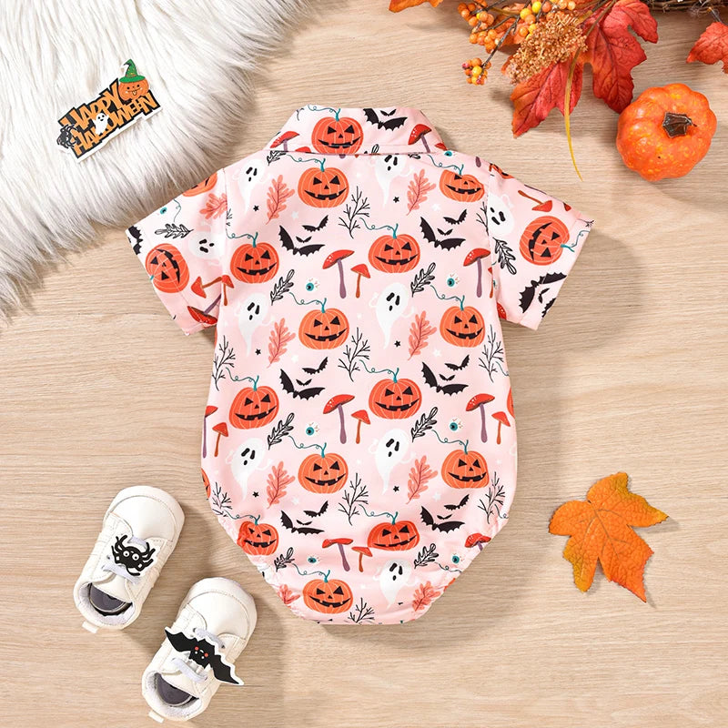 Ghost Pumpkin Halloween Onesies! Boy's Short Sleeve Button-Up with Bow-Tie Collar