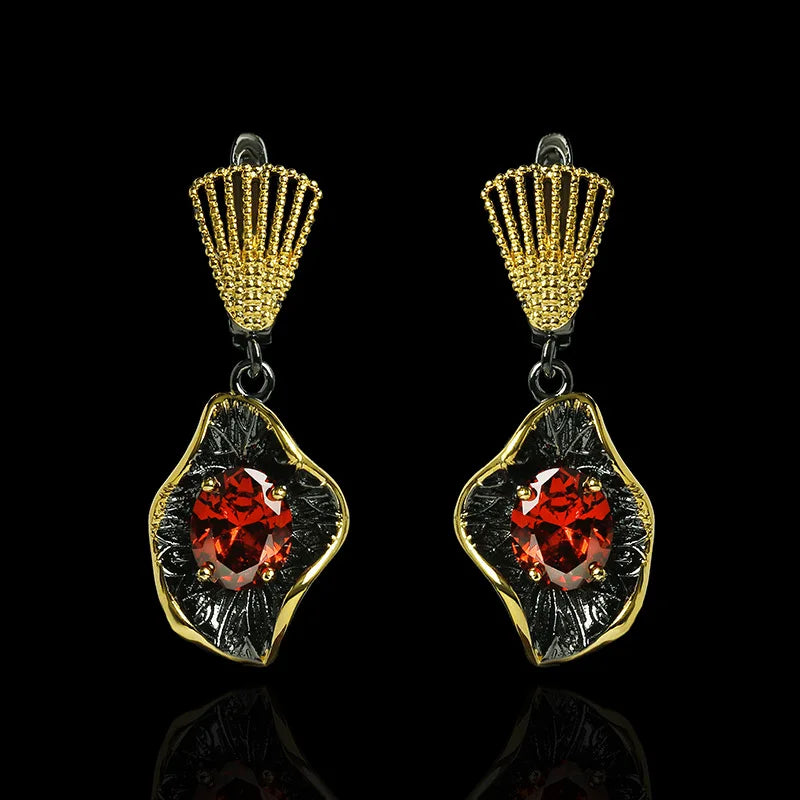 Ruby-Zircon Black & Gold Style Earrings