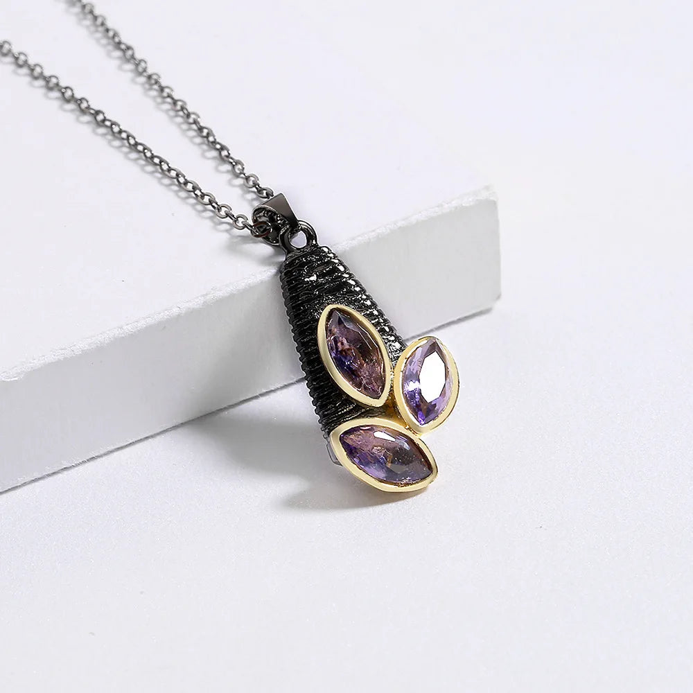 Necklace Purple Zircon Pendant Amethyst Black & Gold Style