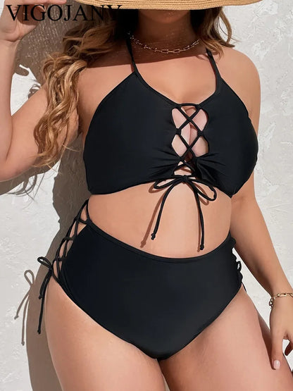 Sexy Black Strapped Plus BikiniHollow Push UP 2 Piece Swimsuit High Waist Backless Bathing Suit