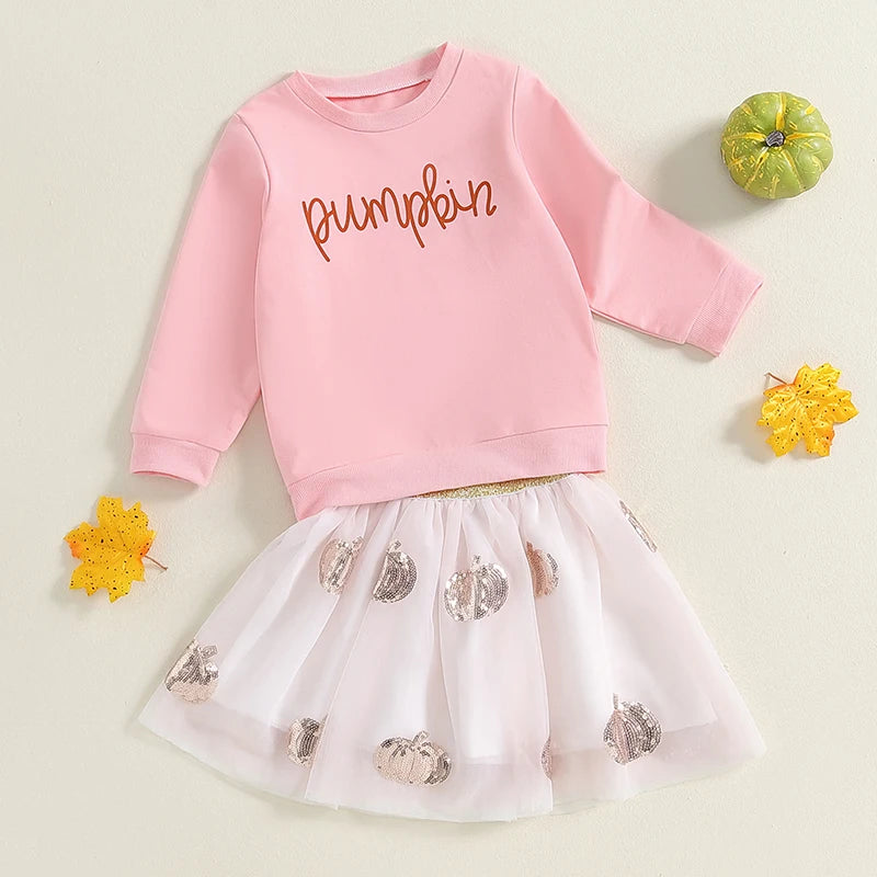 2-Piece Halloween Outfits! Girl’s Long Sleeve Embroidered Pumpkin Sweatshirts & Skirts Sets