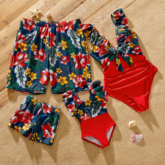 Family Matching! Swimwear Floral & Solid Spliced Ruffle Trim One Piece Swimwear & Trunks