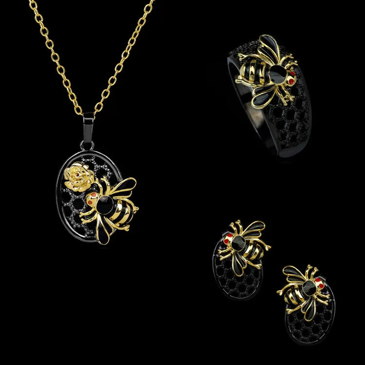 3-piece Black & Gold Style Enamel Bee Rings, Necklace & Earrings Sets