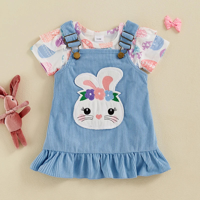 Girl's 2-Piece Easter Egg Onesie & Bunny Corduroy Suspender Dress Outfit Sets