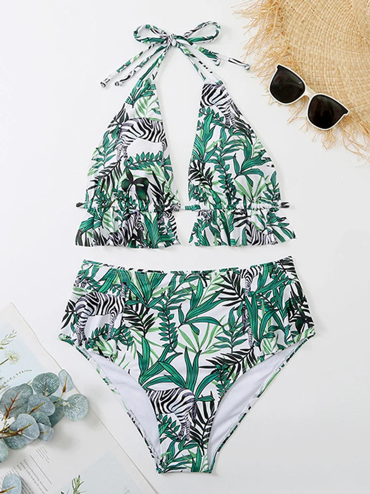 Print Tied Halter 2 Piece Plus BikiniVerge Push Up Swimsuit High Waist Bathing Suit