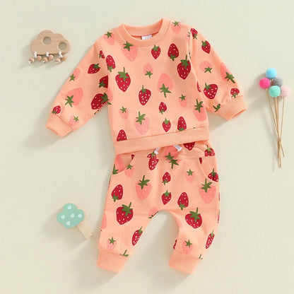 2-Piece Fall / Winter Outfits! Girl’s Strawberry Long Sleeve Shirt & Pants Sets