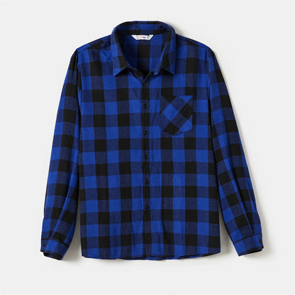 Family Matching! Blue Plaid Long-Sleeve Dresses & Button-Up Shirts