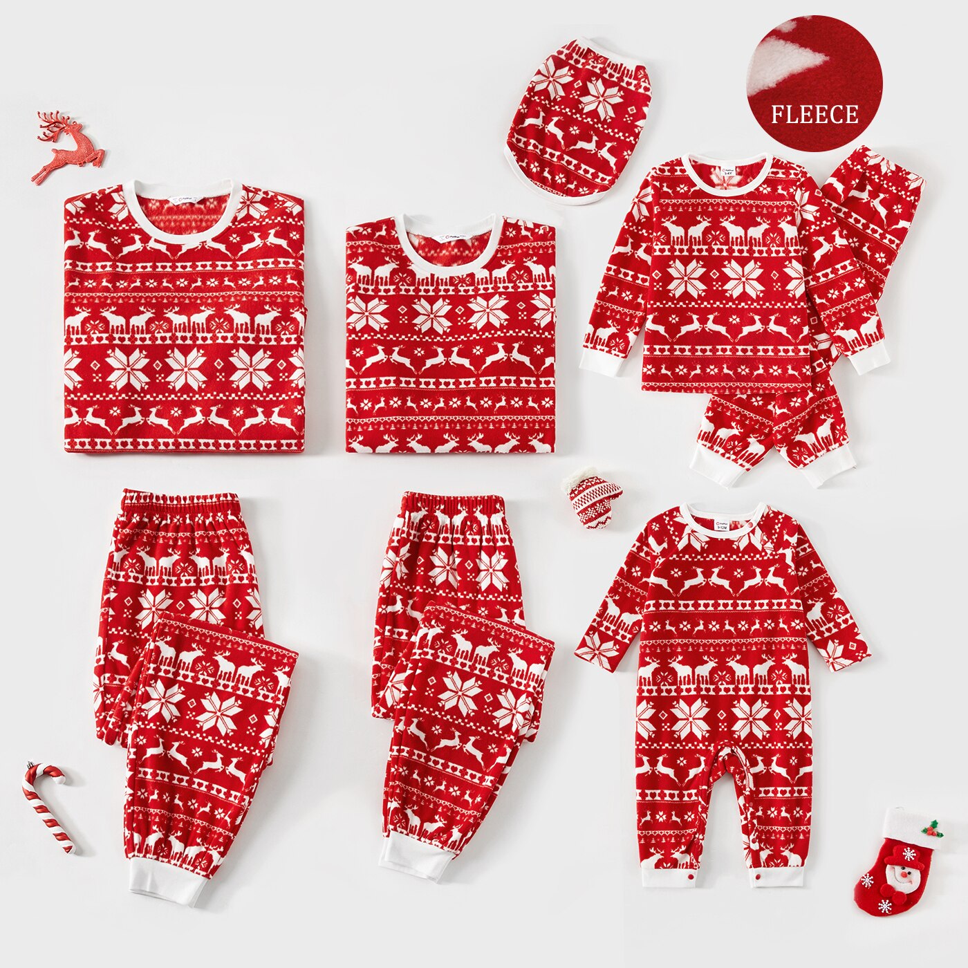 Family Matching! Red Christmas Reindeer & Snowflakes Fleece Pajamas