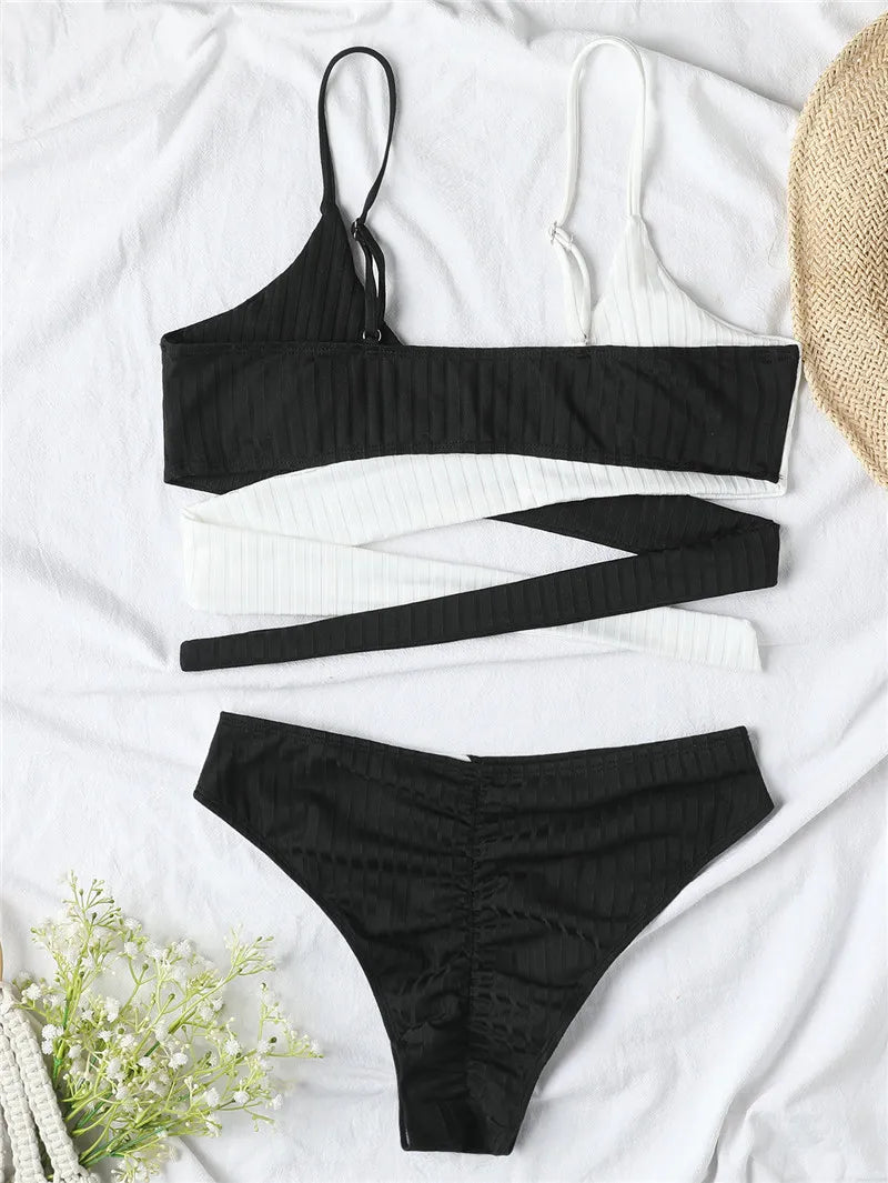 Patchwork Bikini Cross Wrap SwimwearRibbed Swimsuit Female Back Tied Solid Biquinis Bathing Suits