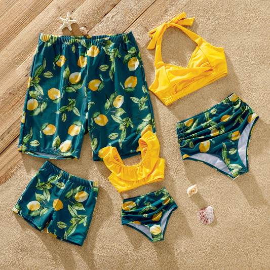 Family Matching! Allover Lemon Print & Solid Halter Neck Two-piece Swimsuit or Swim Trunks Shorts