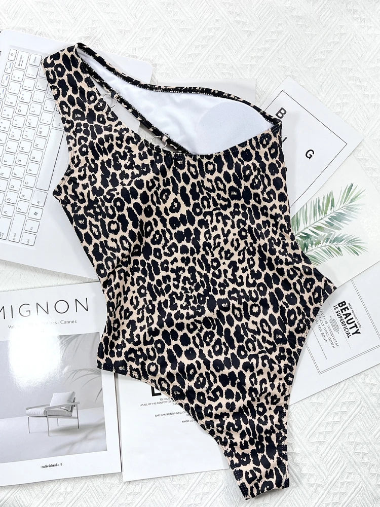 Leopard One Shoulder High Cut Backless One Piece Swimwear