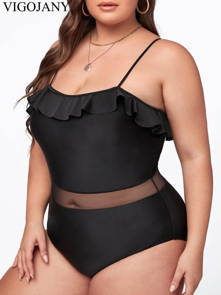 Black Strapped Plus SwimwearVerge Push Up One Piece Swimsuit Mesh Patchwork Bathing Suit