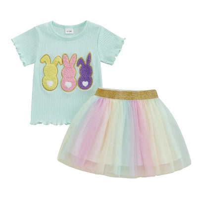 Girl's 2-Piece Embroidered Easter Bunny T-shirts & Rainbow Tulle Skirts Sets