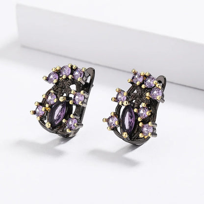 Purple Zircon Flower Earrings Classic Black & Gold Style Earrings with