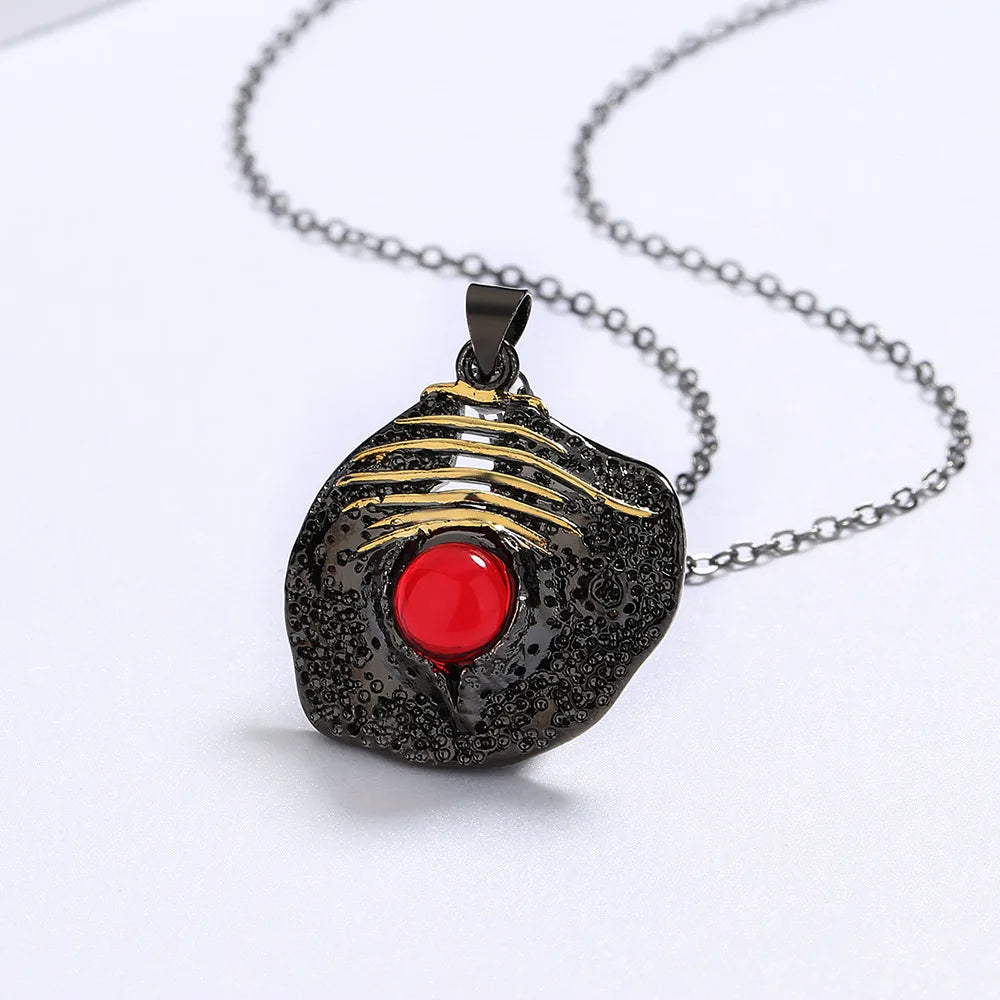 Necklace Black & Gold Style Pendant Red Gem Chain