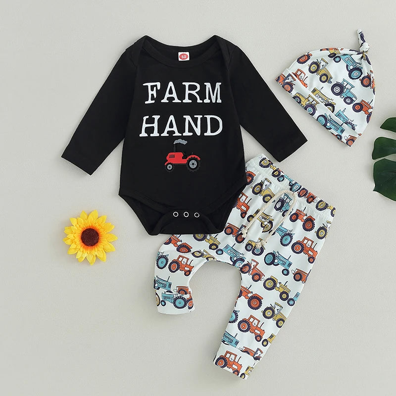 3-Piece Fall Outfits! Boy’s Farm Hand Onesie, Pants, & Hat Sets