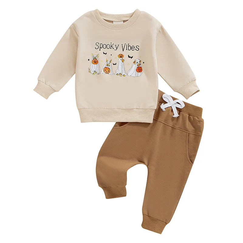 2-piece Halloween Sets! Girl's & Boy's *Spooky Vibes* Ghost Pumpkin Sweatshirt & Sweatpants