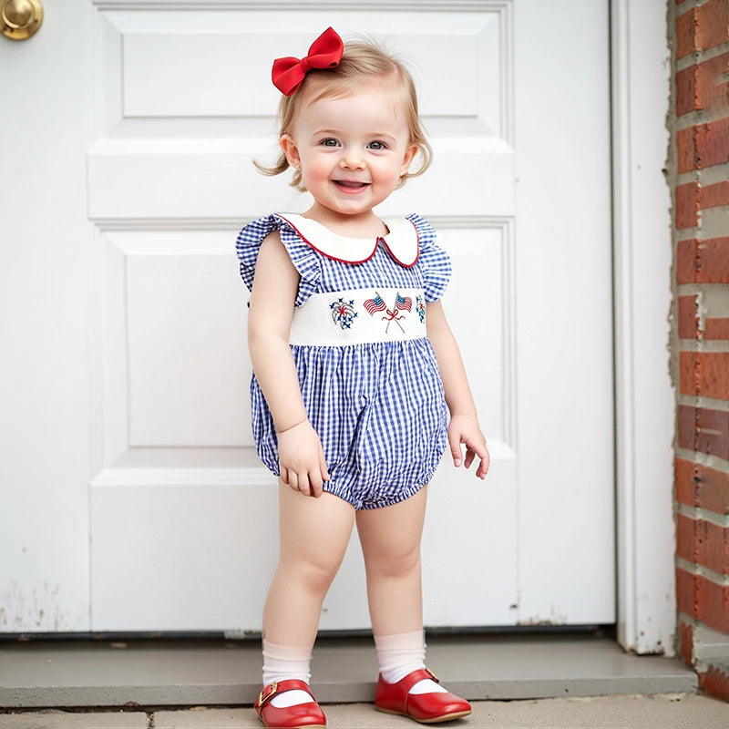 Girl's Embroidered 4th of July Plaid Doll Collar Rompers