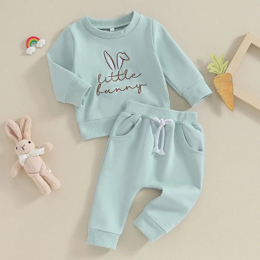 Girl's Easter Bunny Embroidered Sweatshirt & Pants Sets