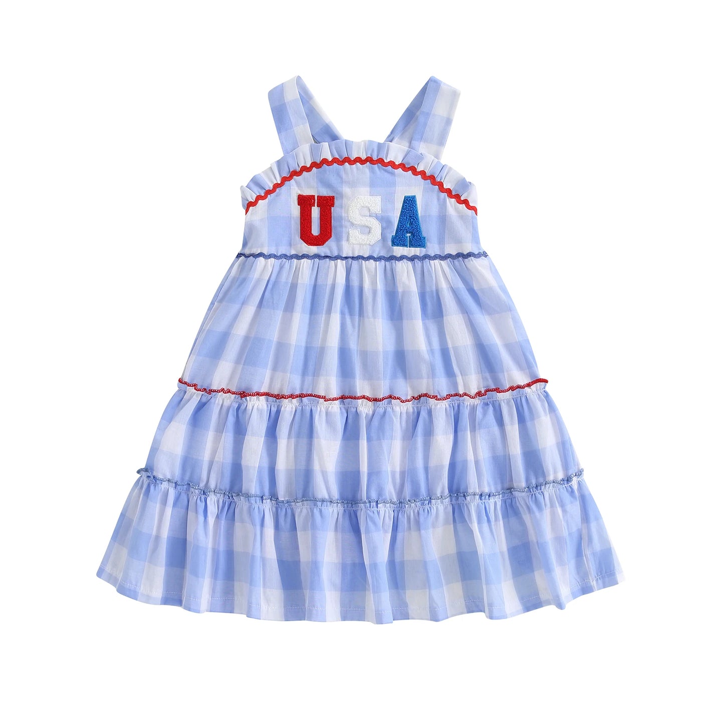 Girl's Plaid Embroidered USA 4th of July Dresses