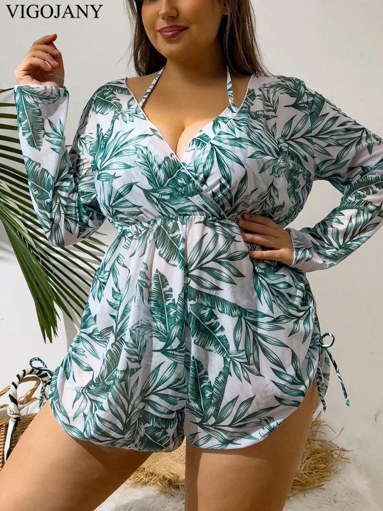 Print 3 Piece Long Sleeve Smock Plus Bikini SetHigh Waist Swimsuit Push UP Bathing Suit