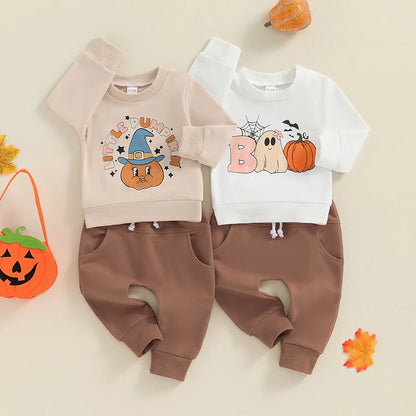 2-Piece Halloween Outfits! Boy’s Long Sleeve Pumpkin Sweatshirt & Pants Sets