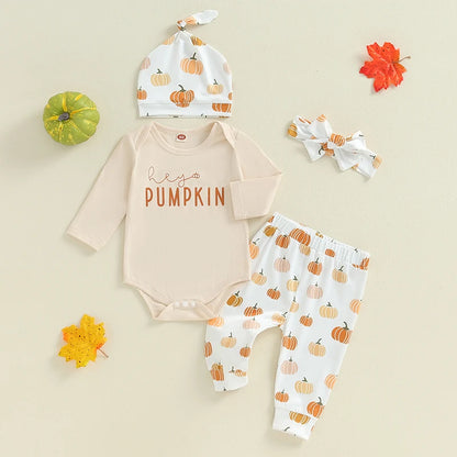 4-Piece Halloween Outfits! Girl’s Long Sleeve Pumpkin Onesie, Pants, Headband & Hat Sets