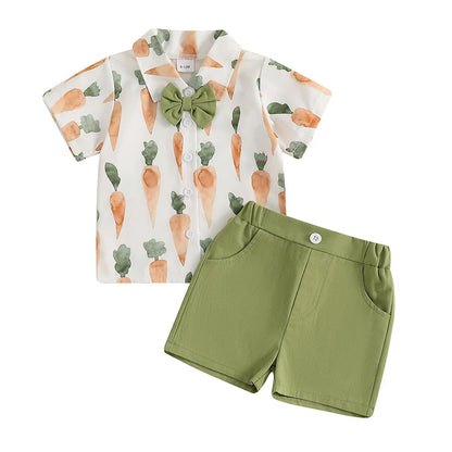 Boy's Easter Carrot Button-up Bow Tie Shirt & Shorts