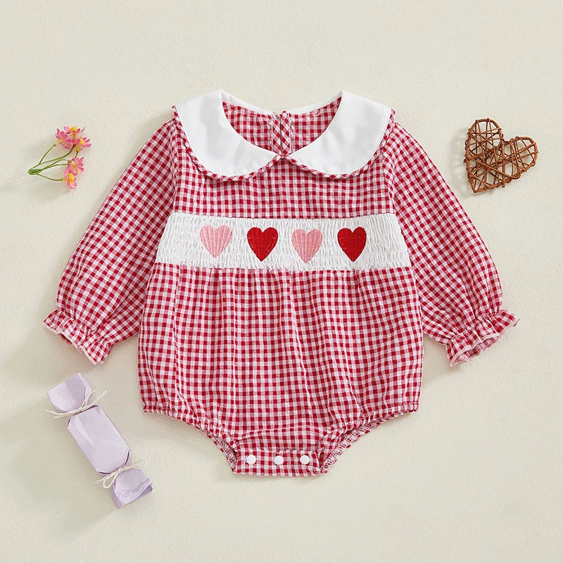 Girl's Embroidered Doll Collar Heart Rompers
