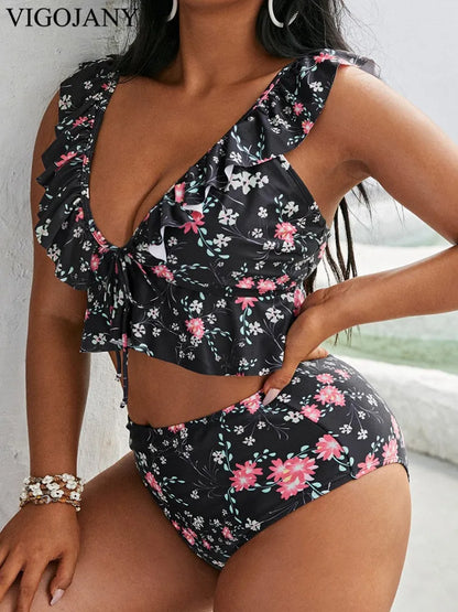 Print Verge Strapped 2 Piece Plus BikiniPush Up Swimsuit High Waist Beach Bathing Suit